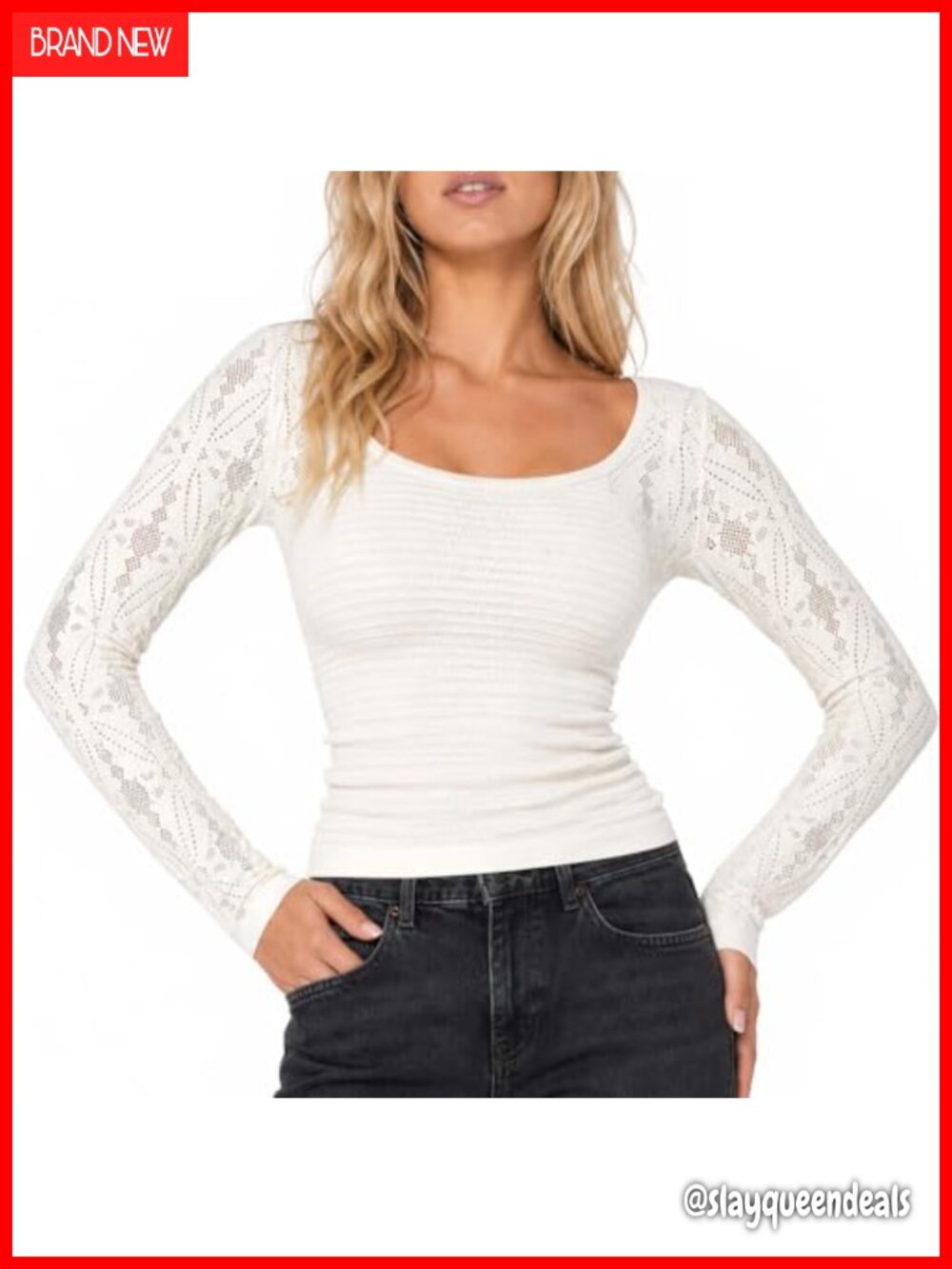 Seamless Long Sleeve Scoop Neck Fitted Stretch Shirt Open Knit Sleeve Tee